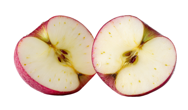 Sliced red apple revealing white flesh and tiny seeds in center