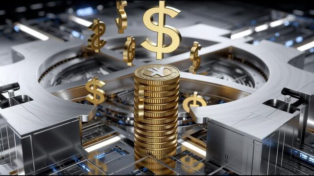 A metallic structure with a gold coin inside. The coin is surrounded by a square frame. The structure is made of metal and has a futuristic look
