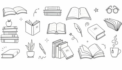 A hand-drawn collection of book doodles and reading icons in a simple line art sketch style for educational and literary concepts
