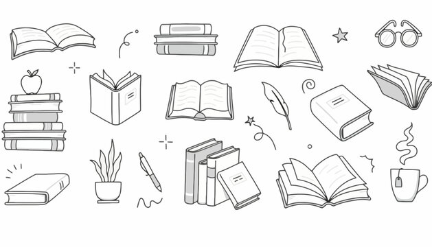 A hand-drawn collection of book doodles and reading icons in a simple line art sketch style for educational and literary concepts