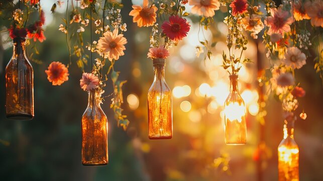 Romantic diy flower bottle decor glowing at sunset for outdoor events