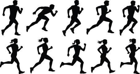 Running silhouette illustration, male and female runners, athletic motion, stride posture, fitness activity, sports training, dynamic movement, jogging pose