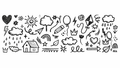 A large collection of hand-drawn doodle elements and symbols. Whimsical sketch illustrations including hearts, sun, clouds, and arrows for creative design