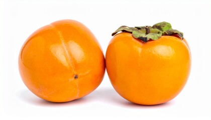 Two fresh, ripe orange persimmons isolated on a clean white background, showcasing vibrant color and smooth texture, ideal for healthy eating and fruit concepts.