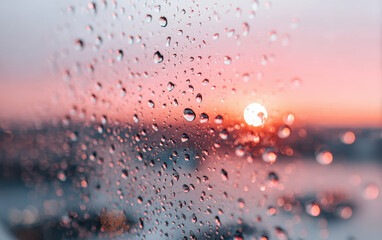 Obraz premium Raindrops on window create beautiful scene, reflecting sunset hues and soft light. warm colors blend with droplets, evoking sense of calm and tranquility