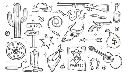 Wild West cowboy theme doodle set with isolated elements like cactus, skull, and guitar. Hand-drawn vintage western vector illustrations