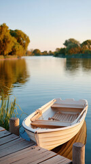 Obraz premium Serene rowboat rests by dock on tranquil lake, illuminated by warm glow of golden hour. calm water reflects surrounding greenery, creating peaceful atmosphere