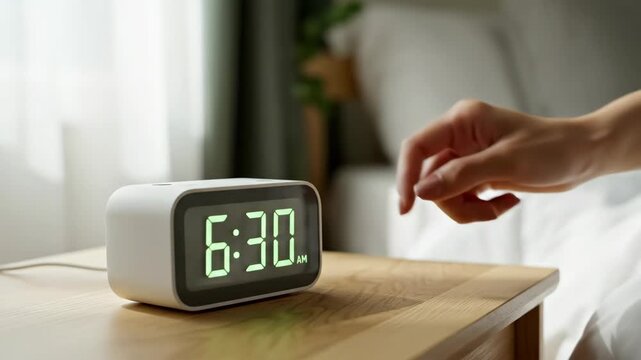 Woman's hand turns off a digital alarm clock at 6:30 AM. Waking up in the morning to start a new day. Daily routine and time management concept