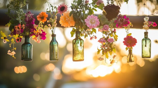 Romantic diy flower bottle decor glowing at sunset for outdoor events