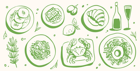 Set of Hand Drawn Foods Doodle Mediterranean Matisse Whimsical Italian Food and Drink, Summer Tropical and Sea Food Line Drawing Vector