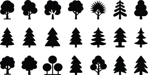 Tree icon silhouette set, stylized foliage shapes, coniferous and broadleaf forms, nature graphic, landscape design element, botanical symbols