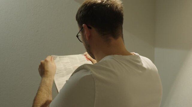 A man looks for job offers in a newspaper, representing unemployment, job search, and career opportunities. - Powered by Adobe