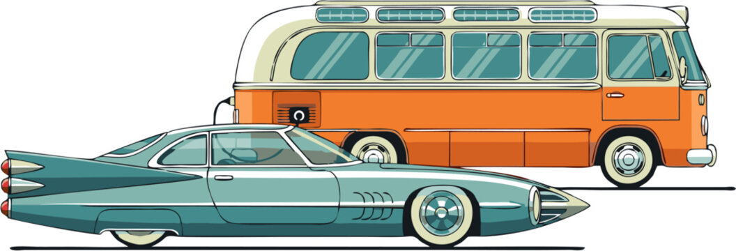 Retro Vehicles Vector Art A vibrant illustration depicting a stylish teal coupe car and a charming orange passenger bus, celebrating classic transportation design