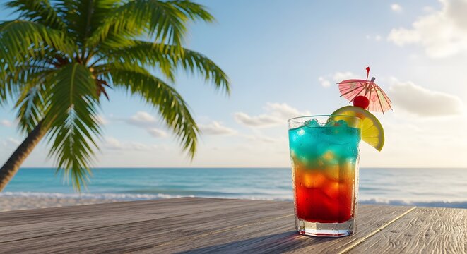 Colorful Tropical Drink Glass with Fruit on a Sandy Beach
