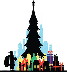 Merry christmas celebration with santa, tree, and city skyline, isolated on white background