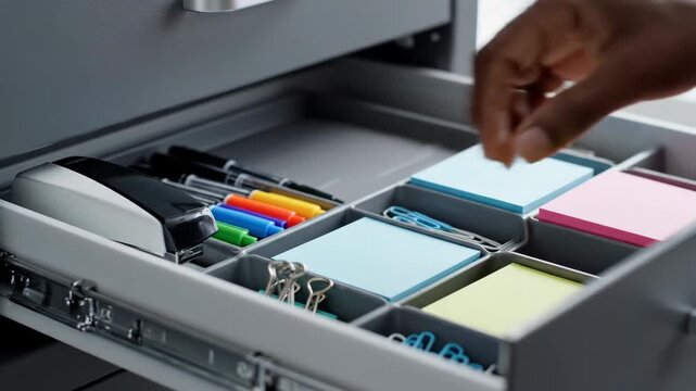 A businessman's hand opens an organized office supply drawer. Finding stationery in a modern filing cabinet. Workplace productivity and efficiency concept