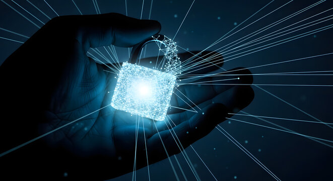 Hand holding digital padlock with glowing light and network connections in dark background