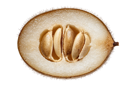 A cross-section reveals a fuzzy oval fruit with five light brown seeds