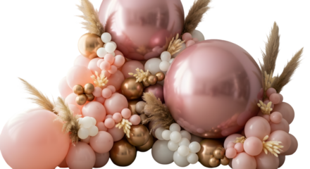 Elegant pastel pink and rose-gold decorative spheres centerpiece with floral accents

