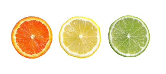 Three bright citrus slices on black orange, lemon, and lime