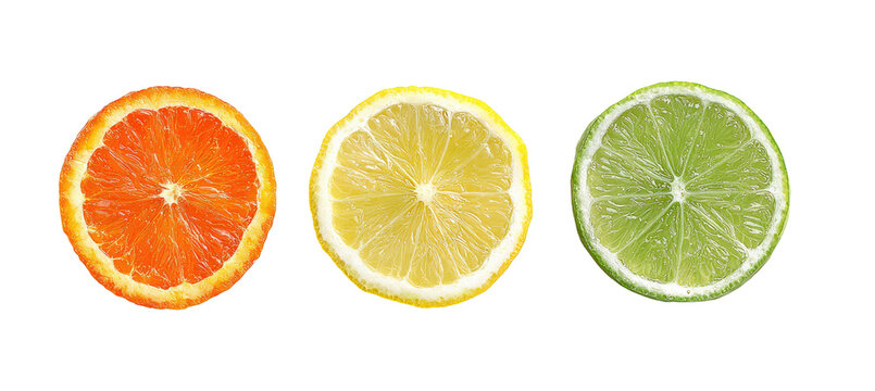 Three bright citrus slices on black orange, lemon, and lime