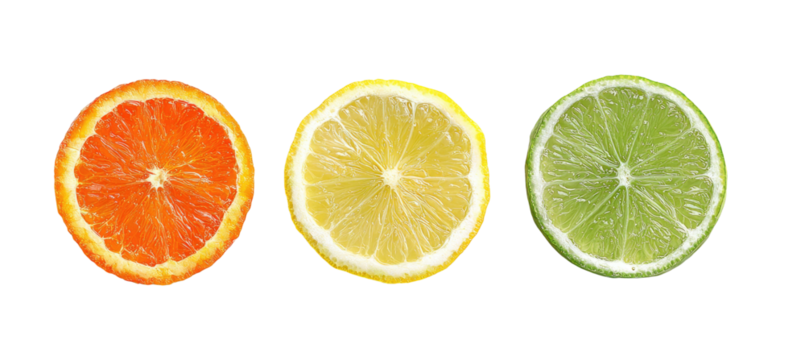 Three bright citrus slices on black orange, lemon, and lime