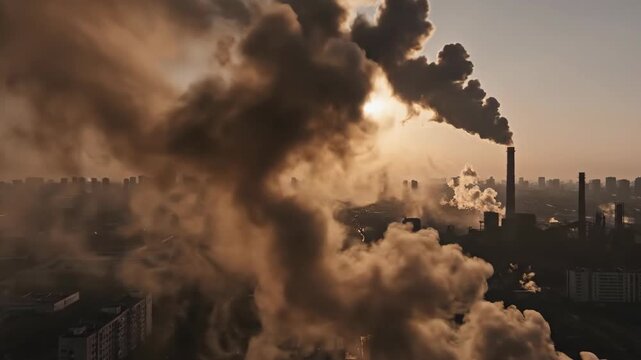 Heavy industrial air pollution from factory smokestacks. Dark smoke and smog covering a city skyline at sunset. Climate change and environmental disaster concept