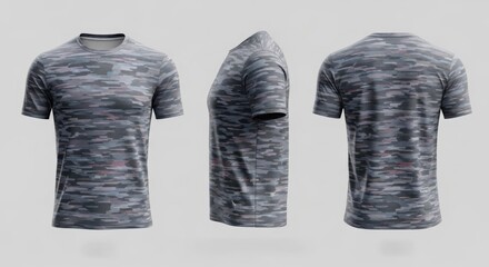 Versatile men's short-sleeve t-shirt with a contemporary abstract pattern, showcased in detailed front, side, and back views, ideal for apparel design mockups and fashion presentations