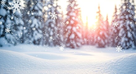 Winter wonderland with snow falling gently on snow-covered pine trees during a golden sunset, creating a serene and magical atmosphere