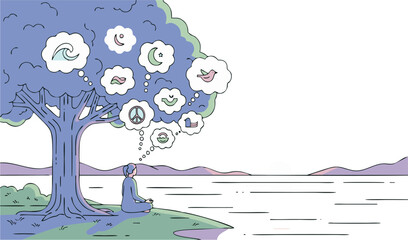 Mindful individual meditating in serene nature, contemplating peace, diverse beliefs, and global harmony, fostering introspection and a vision for collective well-being and unity