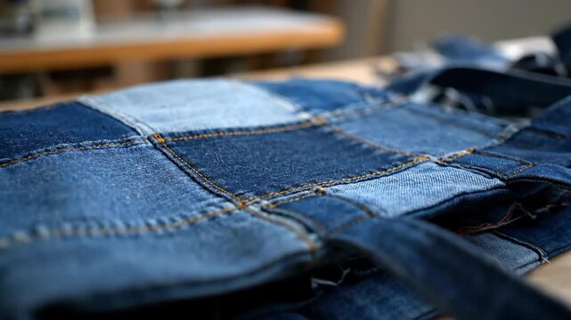 A handmade patchwork tote bag made from recycled denim sits on a workbench. Close-up of a sewing project. Sustainable fashion and upcycling concept