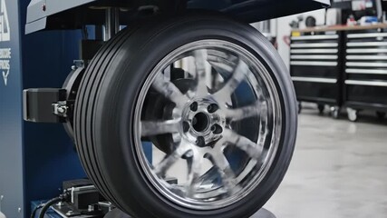 A car wheel spinning on a professional tire balancing machine. Rotating chrome rim in an auto repair shop. Automotive service and diagnostics