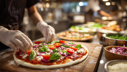 Hands preparing fresh pizza with colorful toppings in a busy kitchen