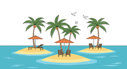 Fototapeta premium Tropical island paradise with palm trees, umbrellas, and chairs in a blue ocean under a white sky with flying birds.