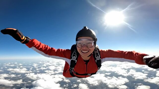 POV of a happy woman skydiver in freefall. Female parachutist smiling and giving a thumbs-up high above the clouds. Extreme sports and adventure concept