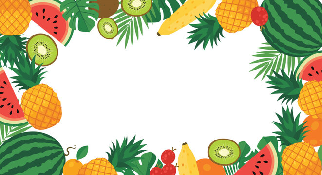 Tropical fruits and leaves border a white background, creating a vibrant and refreshing summer design.
