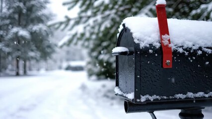 A snow-covered mailbox with a red flag up during a winter snowfall. Close-up of a rural letterbox in a cold, snowy scene with copy space