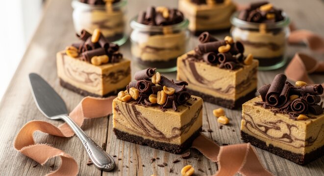 Peanut butter cheesecake Indulge in the delightful experience of savoring four exquisite coffee cheesecakes served in charming glass jars, adorned with whipped cream.
