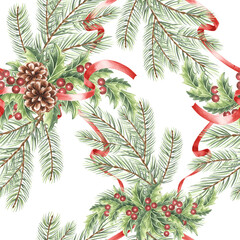 Watercolor pine branches with red ribbons and holly berries seamless pattern for Christmas. Hand-drawn illustration of spruce twig for winter holiday decor. Festive background for textile, wallpaper.