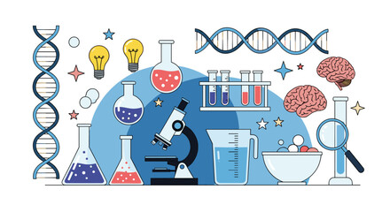 An illustrative collection of science and research elements including DNA, lab equipment, brains, and ideas, set against a blue background.