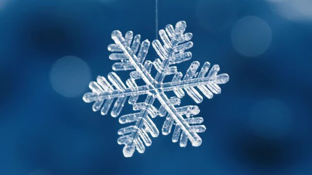 Macro animation of a single spinning snowflake. An intricate ice crystal rotates against a blue background. Winter and Christmas holiday concept