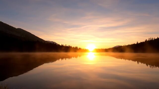 Vertical video of a time-lapse sunrise over a mountain lake. Symmetrical reflection of a colorful sky on still water. Morning mist rising in a wilderness valley