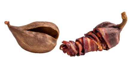 Two dried, cracked seed pods and a dried, rolled fruit