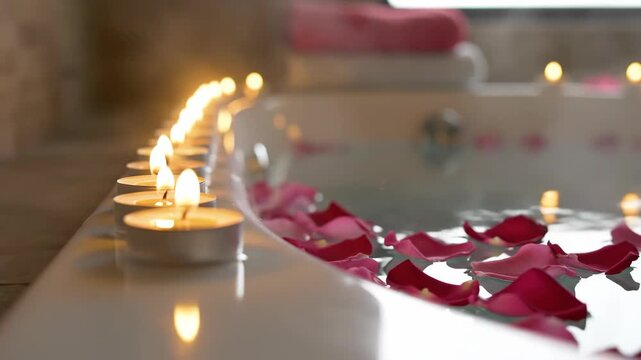 A row of lit tealight candles on the edge of a bathtub with floating rose petals. Creating a romantic and relaxing spa atmosphere for self-care. Warm, intimate candlelight scene