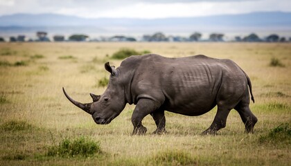 Fototapeta premium Majestic rhino walking gracefully across the vast African savannah.