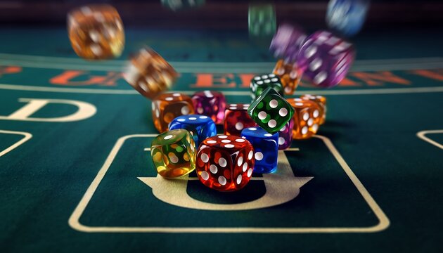 Colorful casino dice falling onto a green gambling table, symbolizing the excitement of a game of chance.