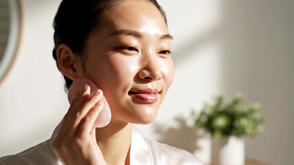 Asian woman using a rose quartz gua sha for a facial massage. Skincare and beauty routine for glowing skin. Self-care and wellness concept - Powered by Adobe