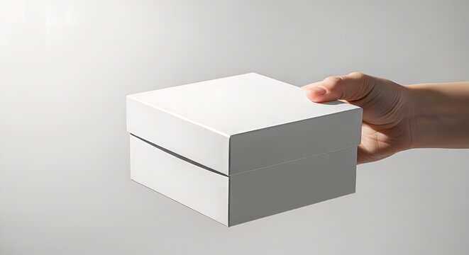 A human hand presents a pristine, minimalist white square gift box with a sleek design, ideal for luxury product packaging or gifting. - Powered by Adobe