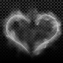 Fototapeta premium Smoke white soft steam heart shape, vapor or mist flow, vector realistic overlay candle smoke effect, cloudy love symbol