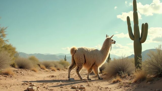 Llama in desert environment with cactus, sandy ground, and distant mountains provides visual interest. Desert environment showcases llama in its natural habitat, against backdrop of dry vegetation,